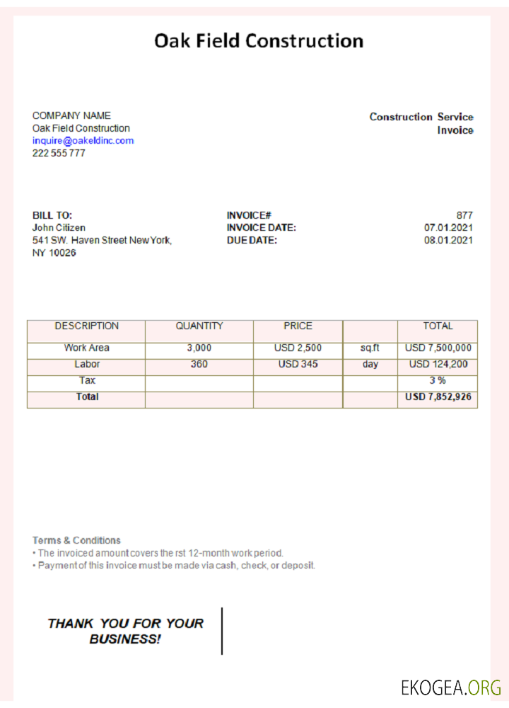 Facture de construction USA Oak Field